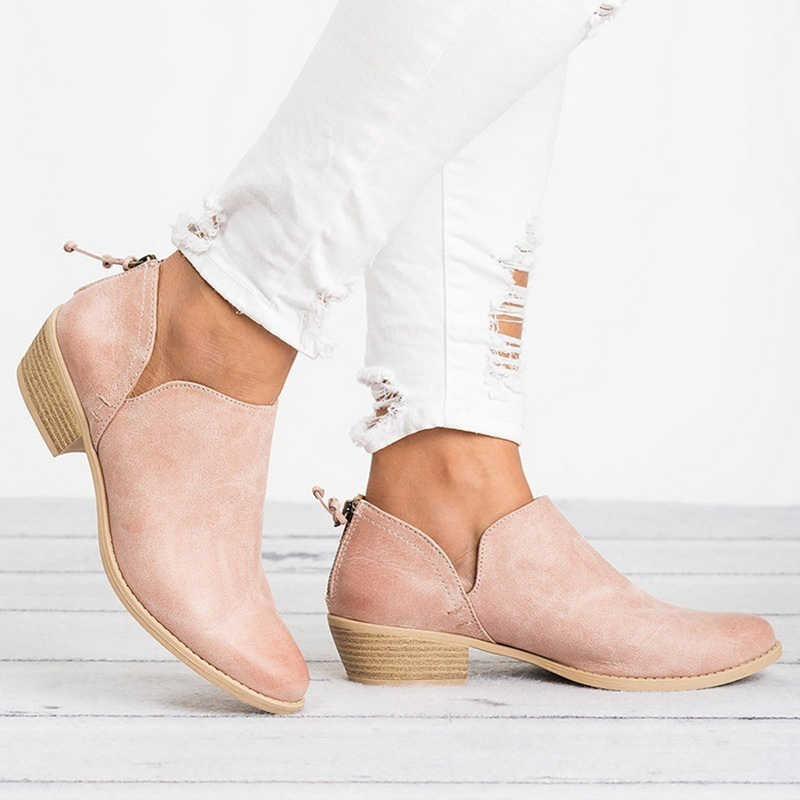 Women's Pointed Toe Ankle Boots – Back Zip Low Block Heel V-Cut Casual