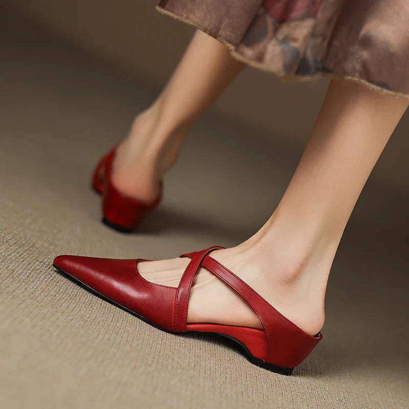 Women's Pointed Toe Mule Shoes – Cross Strap Cutout Low Heel Casual