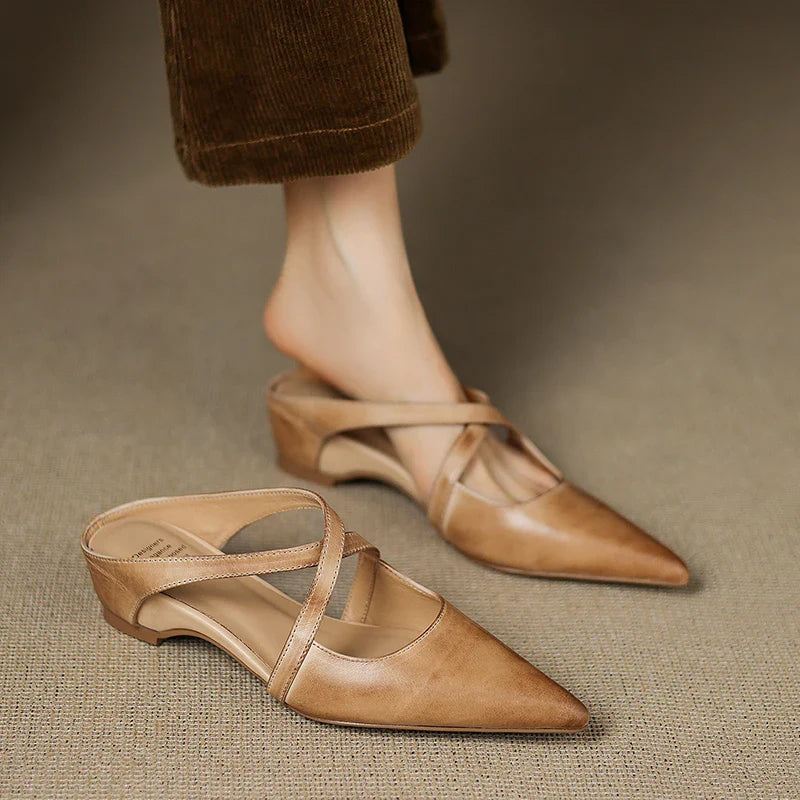 Women's Pointed Toe Mule Shoes – Cross Strap Cutout Low Heel Casual