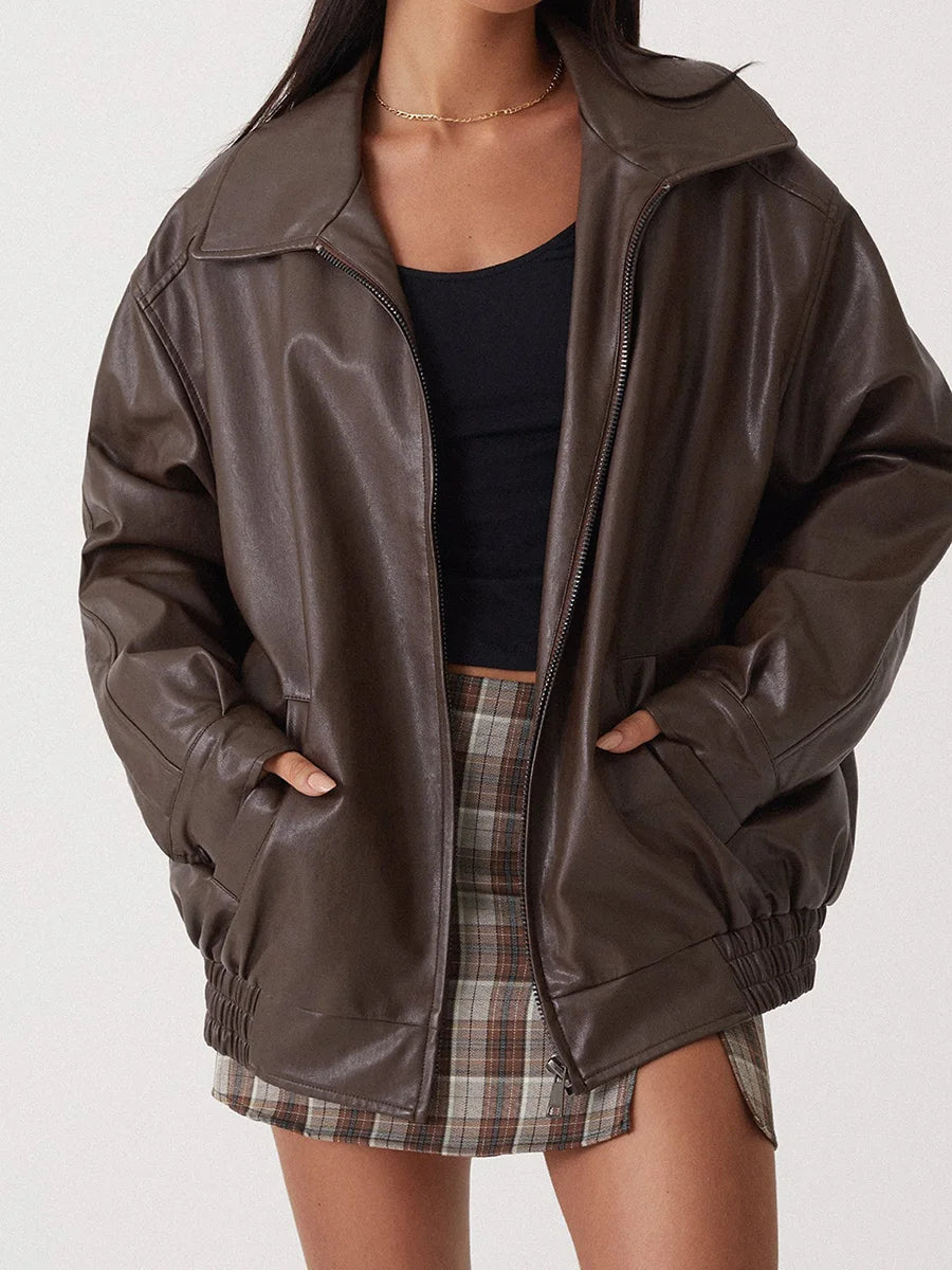 Women's PU Oversized Bomber Jacket – Zip Front Wide Collar Gathered Hem