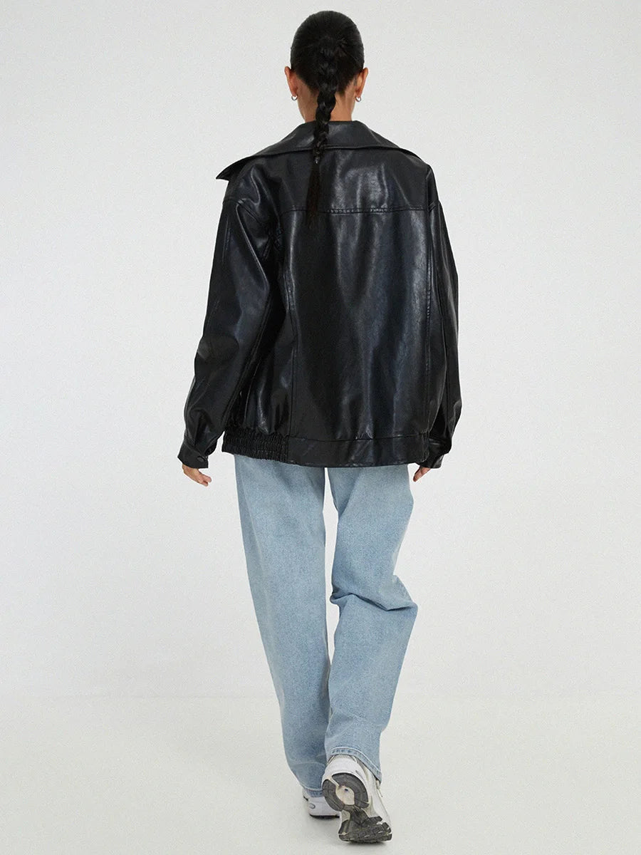 Women's PU Oversized Bomber Jacket – Zip Front Wide Collar Gathered Hem