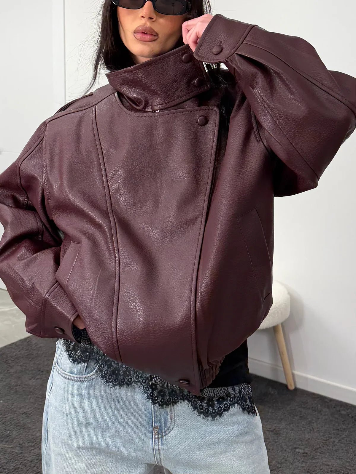 Women's PU Oversized Jacket – High Neck Zip Front Moto Street Style