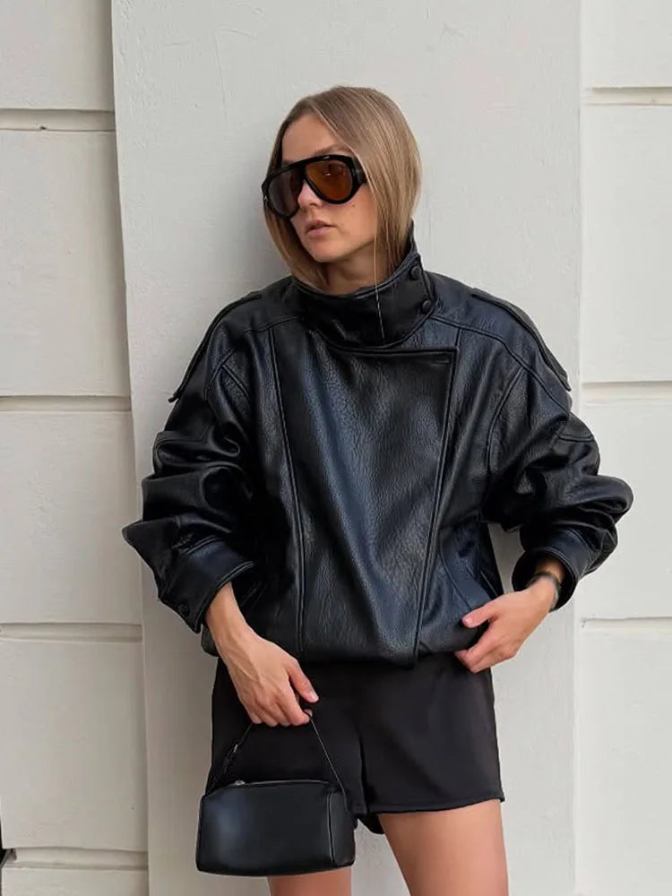 Women's PU Oversized Jacket – High Neck Zip Front Moto Street Style