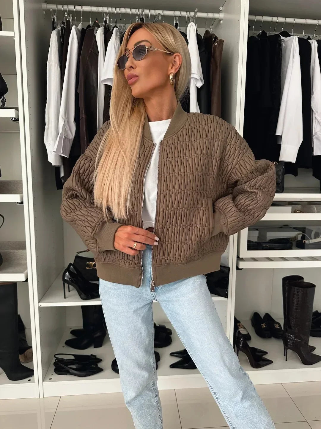 Women's Quilted Bomber Jacket – Zip Front Ribbed Collar Long Sleeve Casual