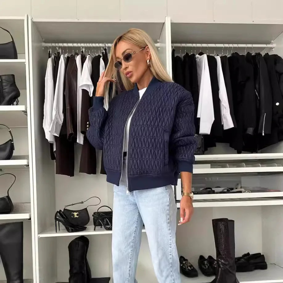 Women's Quilted Bomber Jacket – Zip Front Ribbed Collar Long Sleeve Casual