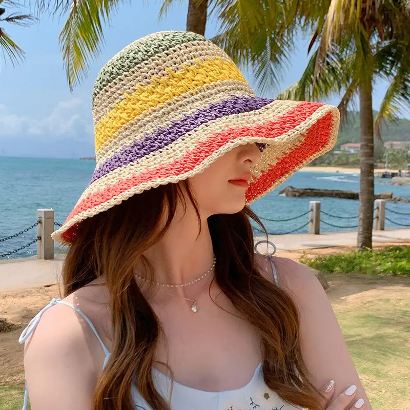 Women's Rainbow Stripe Crochet Straw Bucket Hat – Wide Brim Open Weave Beach