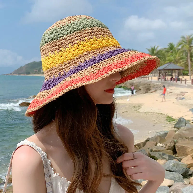 Women's Rainbow Stripe Crochet Straw Bucket Hat – Wide Brim Open Weave Beach