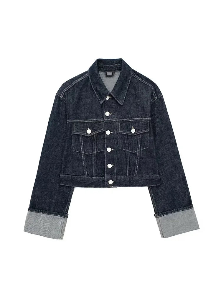 Women's Raw Indigo Denim Jacket – Button Front Point Collar Contrast Cuff Casual