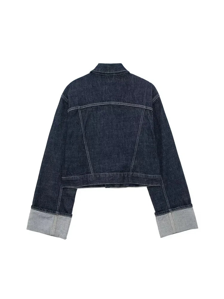 Women's Raw Indigo Denim Jacket – Button Front Point Collar Contrast Cuff Casual