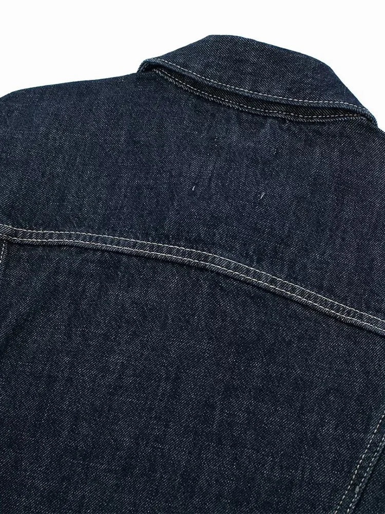 Women's Raw Indigo Denim Jacket – Button Front Point Collar Contrast Cuff Casual