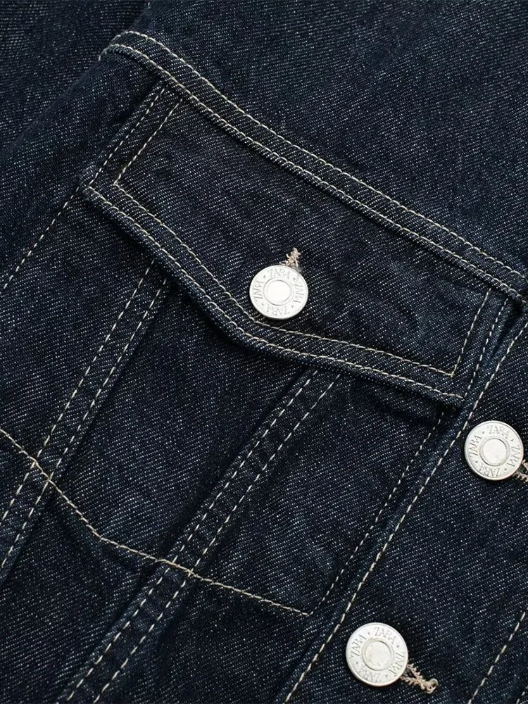 Women's Raw Indigo Denim Jacket – Button Front Point Collar Contrast Cuff Casual