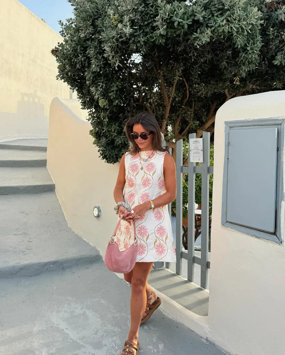 Women's Retro Floral Mini Dress – Straight Neck Sleeveless A-Line Summer