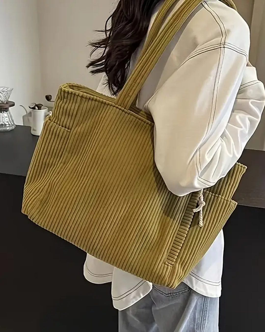 Women's Ribbed Corduroy Tote Shoulder Bag – Side Pocket Open Top Everyday