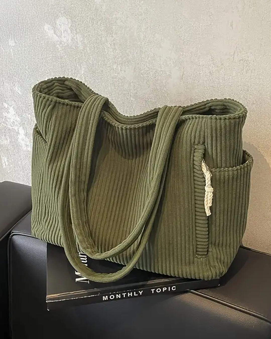 Women's Ribbed Corduroy Tote Shoulder Bag – Side Pocket Open Top Everyday