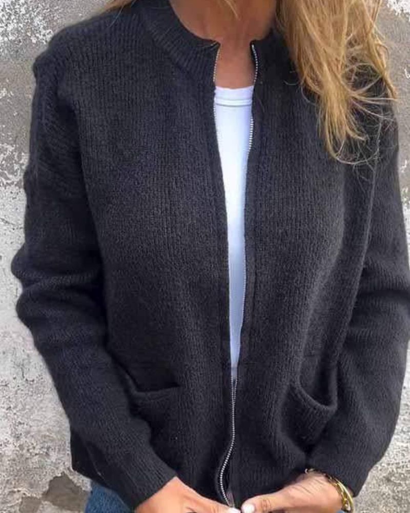 Women's Ribbed Full Zip Pocket Cardigan – Stand Collar Long Sleeve Everyday Wear