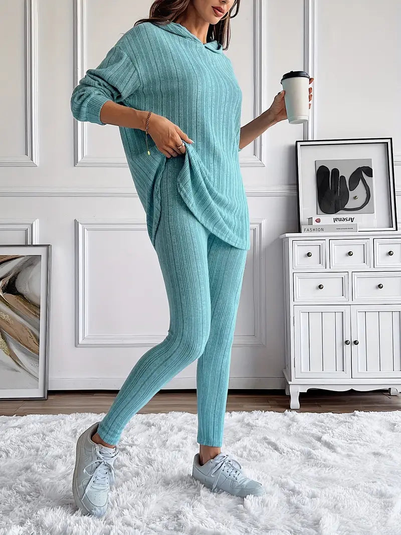 Women's Ribbed Knit 2 Piece Lounge Set – Hoodie Long Sleeve Leggings Casual