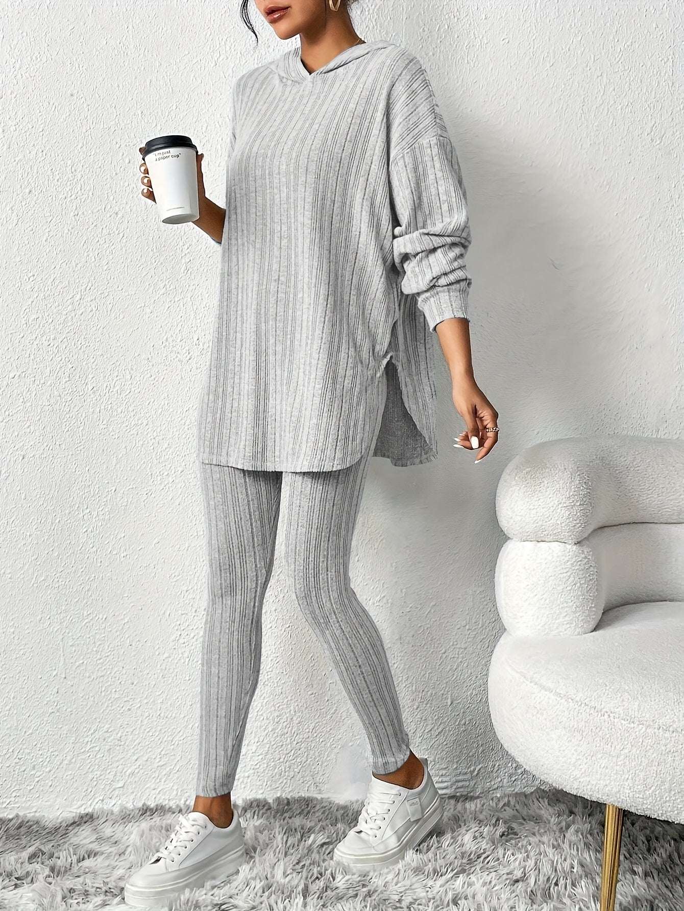 Women's Ribbed Knit 2 Piece Lounge Set – Hoodie Long Sleeve Leggings Casual