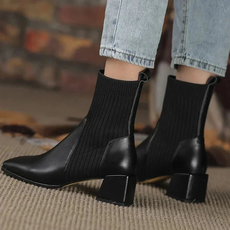 Women's Ribbed Knit Sock Ankle Boots – Square Toe Block Heel Slip On