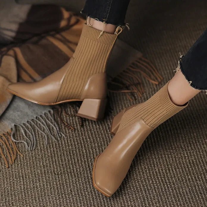 Women's Ribbed Knit Sock Ankle Boots – Square Toe Block Heel Slip On