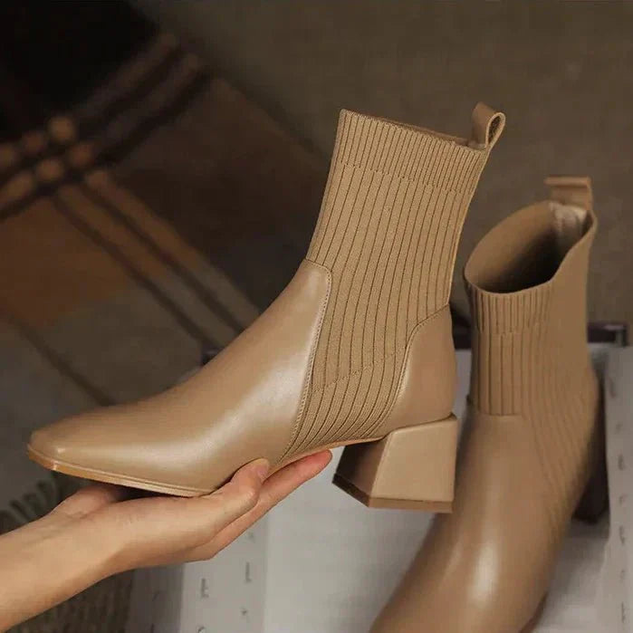 Women's Ribbed Knit Sock Ankle Boots – Square Toe Block Heel Slip On