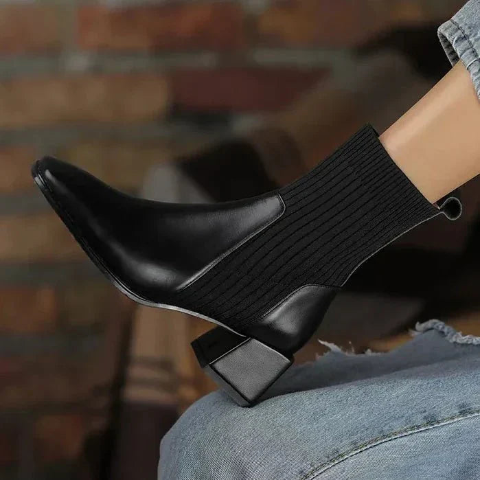 Women's Ribbed Knit Sock Ankle Boots – Square Toe Block Heel Slip On