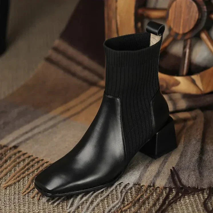 Women's Ribbed Knit Sock Ankle Boots – Square Toe Block Heel Slip On
