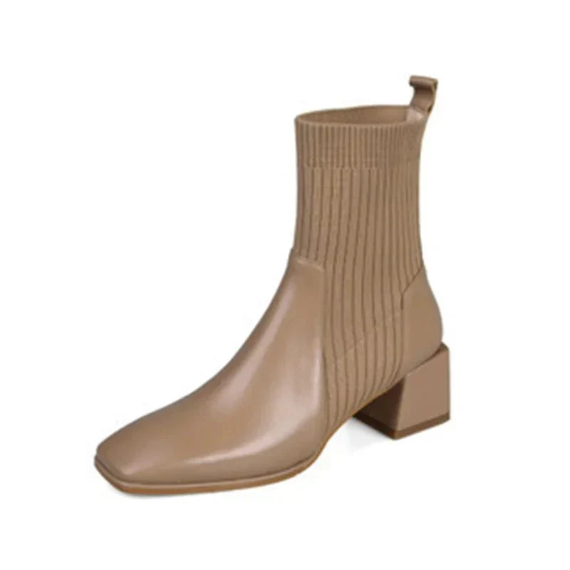 Women's Ribbed Knit Sock Ankle Boots – Square Toe Block Heel Slip On