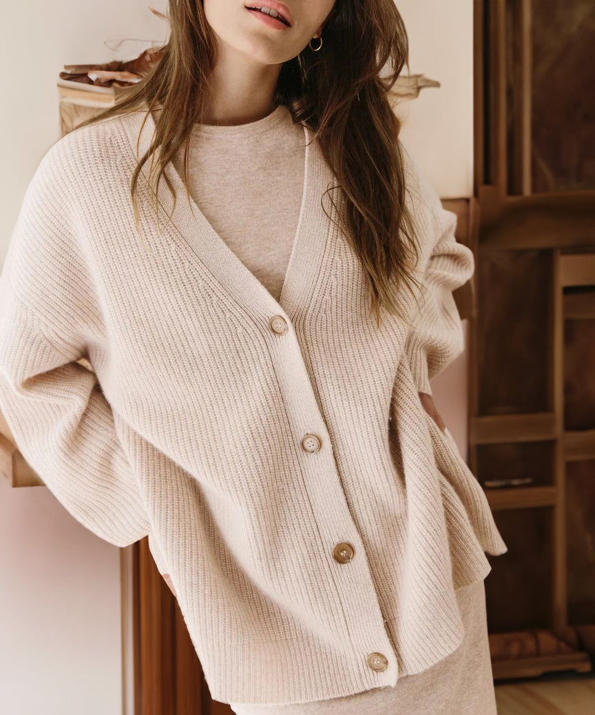Women's Ribbed V-Neck Cardigan – Oversized Button Front Longline Knit Sweater