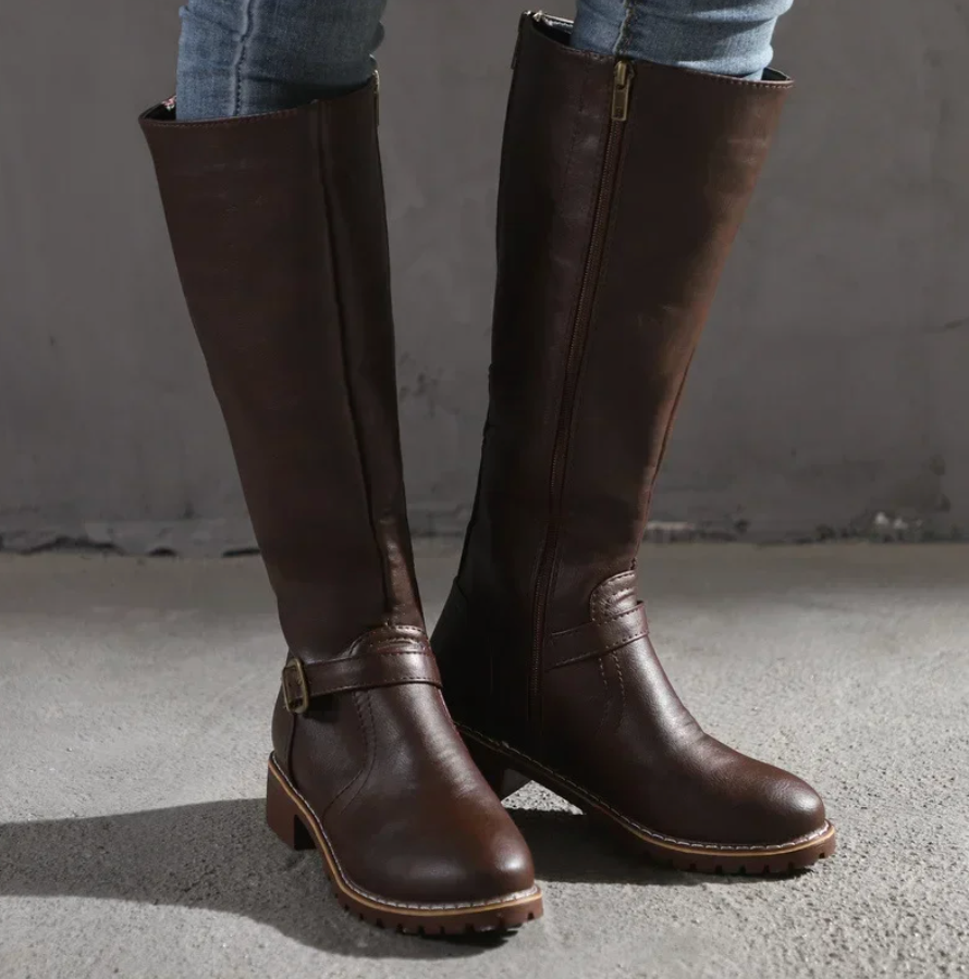 Women's Riding Knee High Boots – Buckle Strap Lug Sole Side Zip Casual Winter