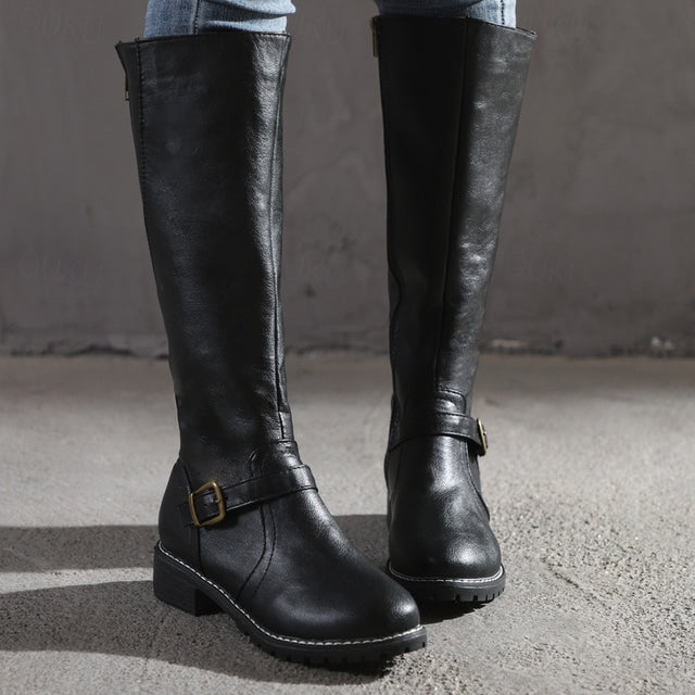 Women's Riding Knee High Boots – Buckle Strap Lug Sole Side Zip Casual Winter