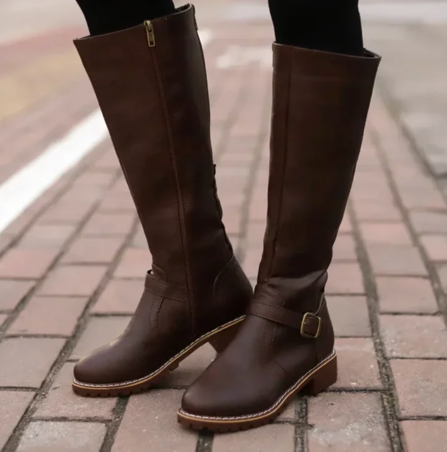 Women's Riding Knee High Boots – Buckle Strap Lug Sole Side Zip Casual Winter