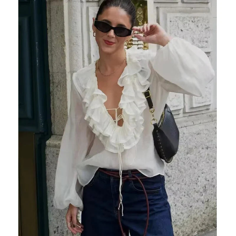 Women's Ruffle Tie Front Blouse – Deep V Neck Puff Sleeve Sheer Casual