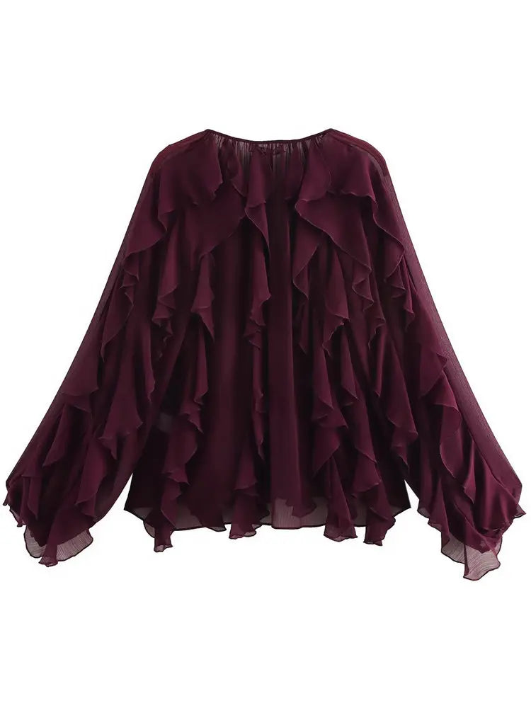 Women's Ruffle Trim Sheer Blouse – V Neck Button Front Long Sleeve Party