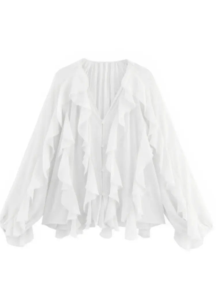 Women's Ruffle Trim Sheer Blouse – V Neck Button Front Long Sleeve Party