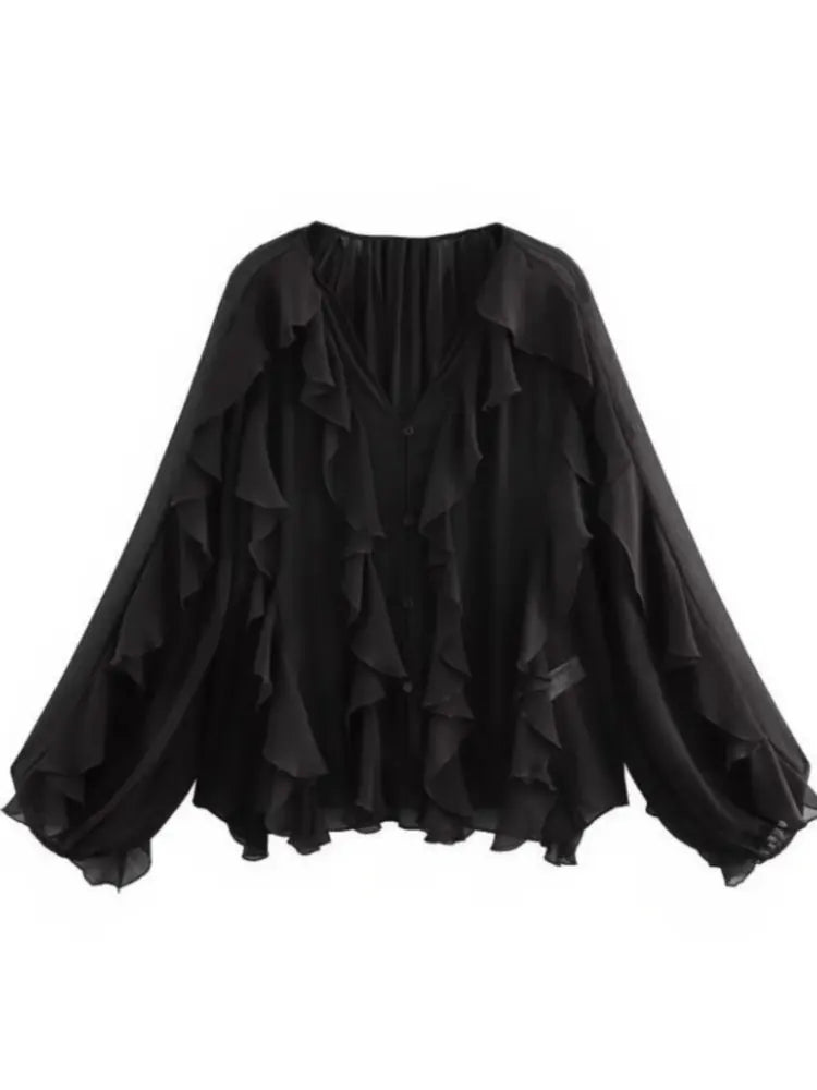 Women's Ruffle Trim Sheer Blouse – V Neck Button Front Long Sleeve Party