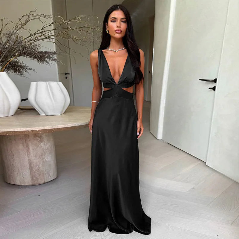 Women's Satin Cut Out Maxi Dress – Deep V Neck Sleeveless Wedding Guest