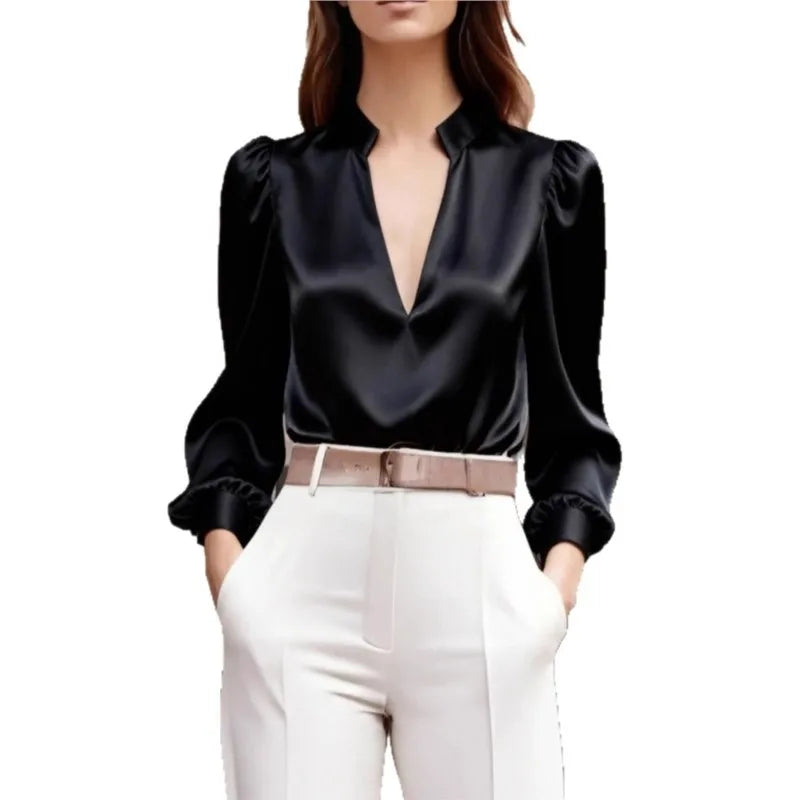 Women's Satin Long Sleeve Blouse – Deep V Neck Puff Sleeve Office Work Top