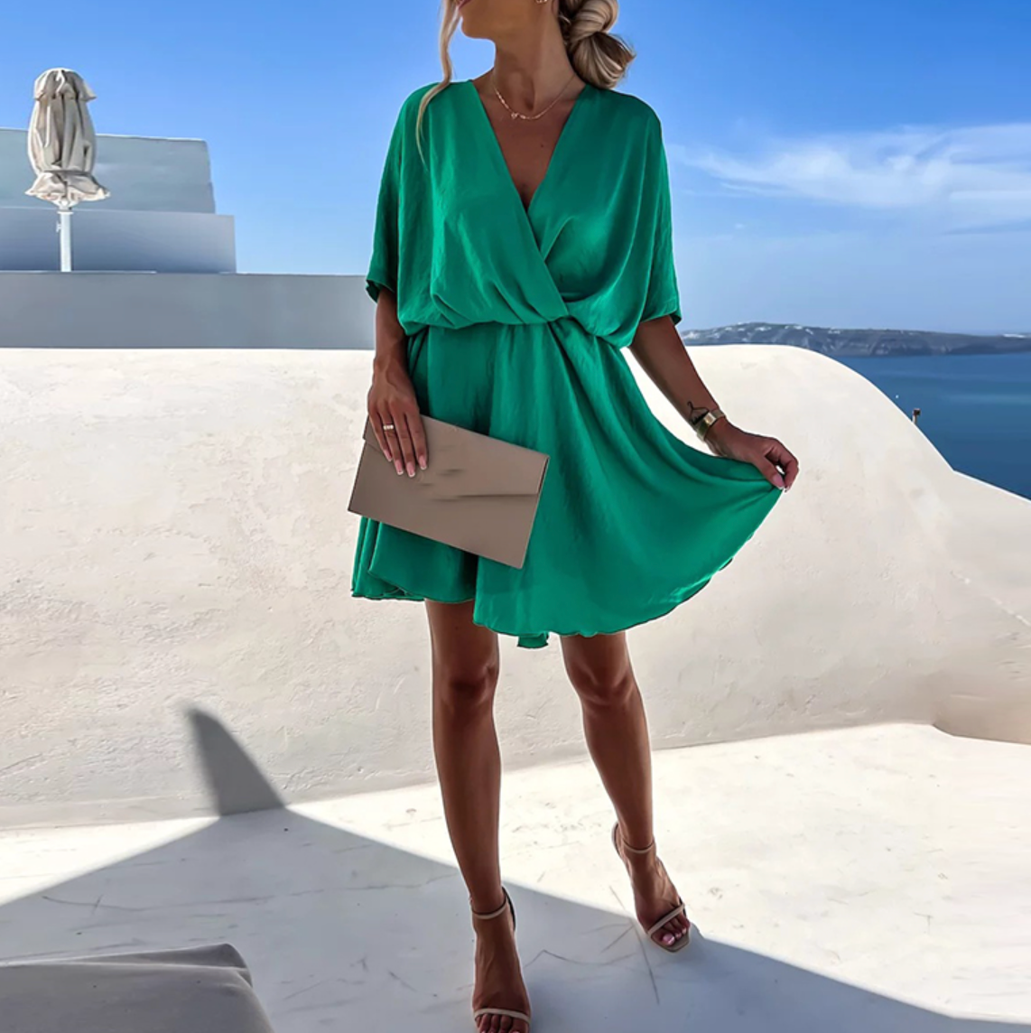 Women's Satin Mini Dress – Deep V Neck Batwing Sleeve Gathered Waist Summer