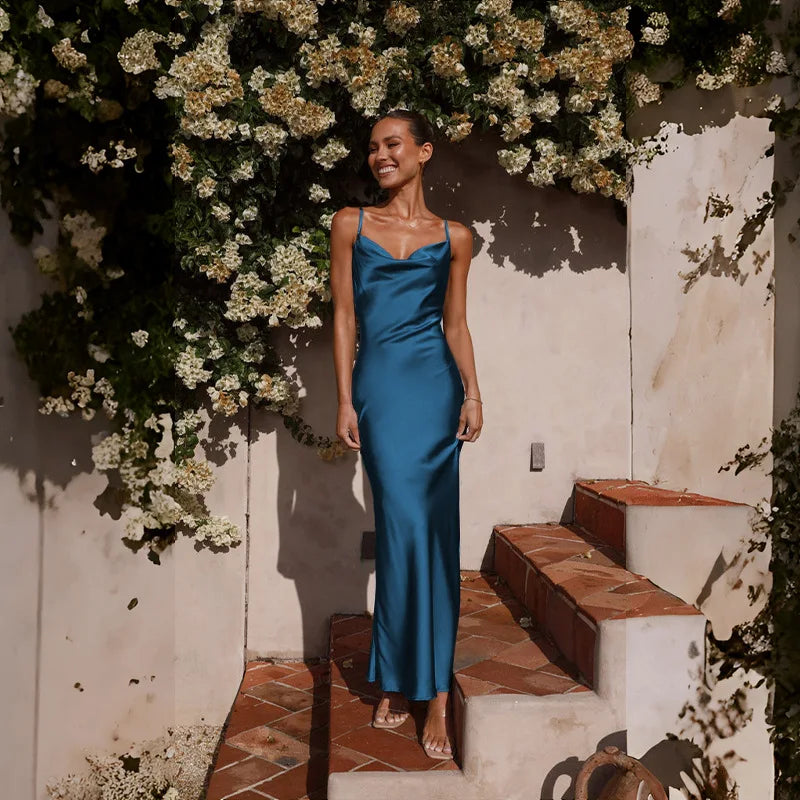 Women's Satin Slip Maxi Dress – Cowl Neck Spaghetti Strap Wedding Guest