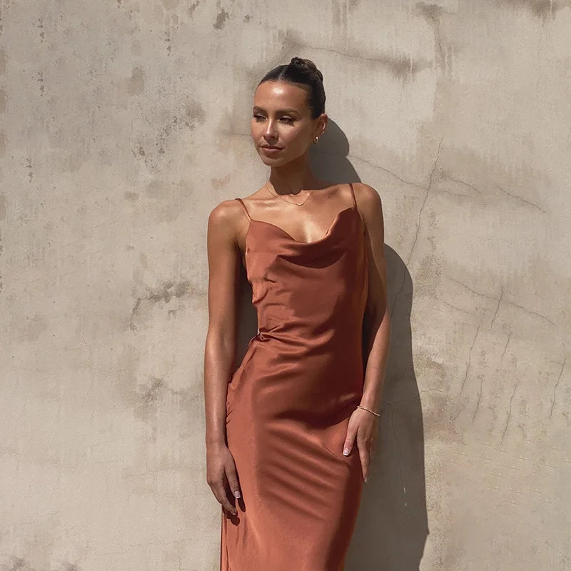 Women's Satin Slip Maxi Dress – Cowl Neck Spaghetti Strap Wedding Guest