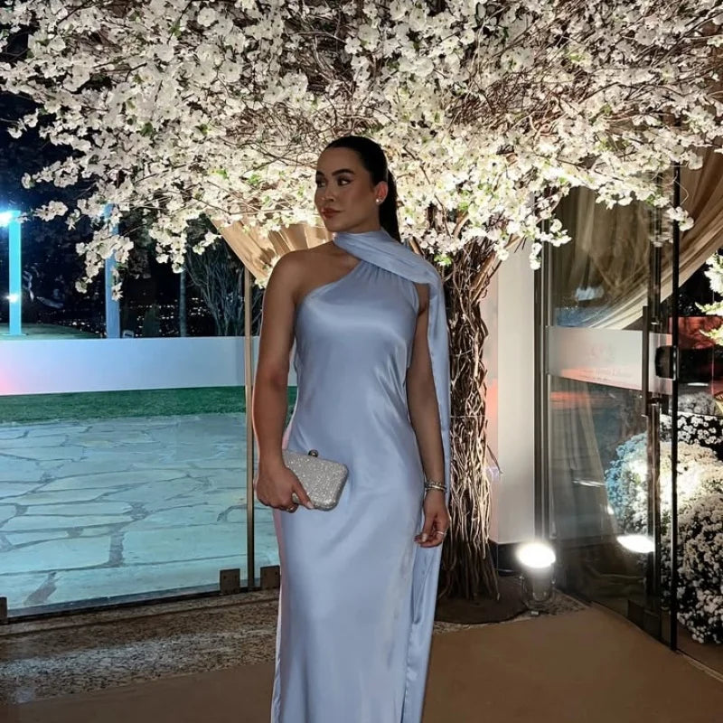 Women's Scarf Neck Maxi Dress – Sleeveless Draped Cape Wedding Guest