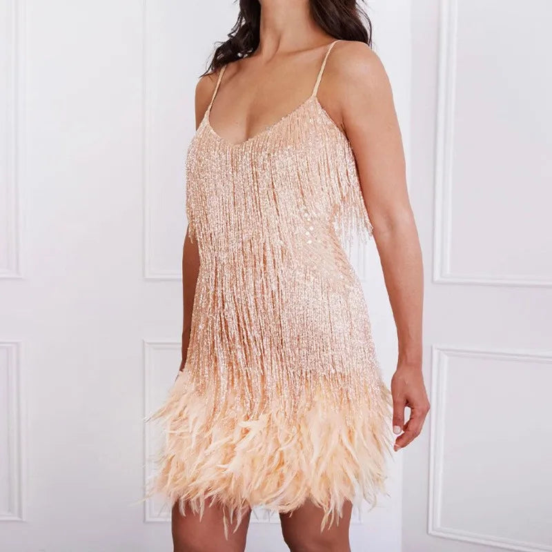 Women's Sequin Fringe Mini Dress – Spaghetti Strap V Neck Feather Cocktail