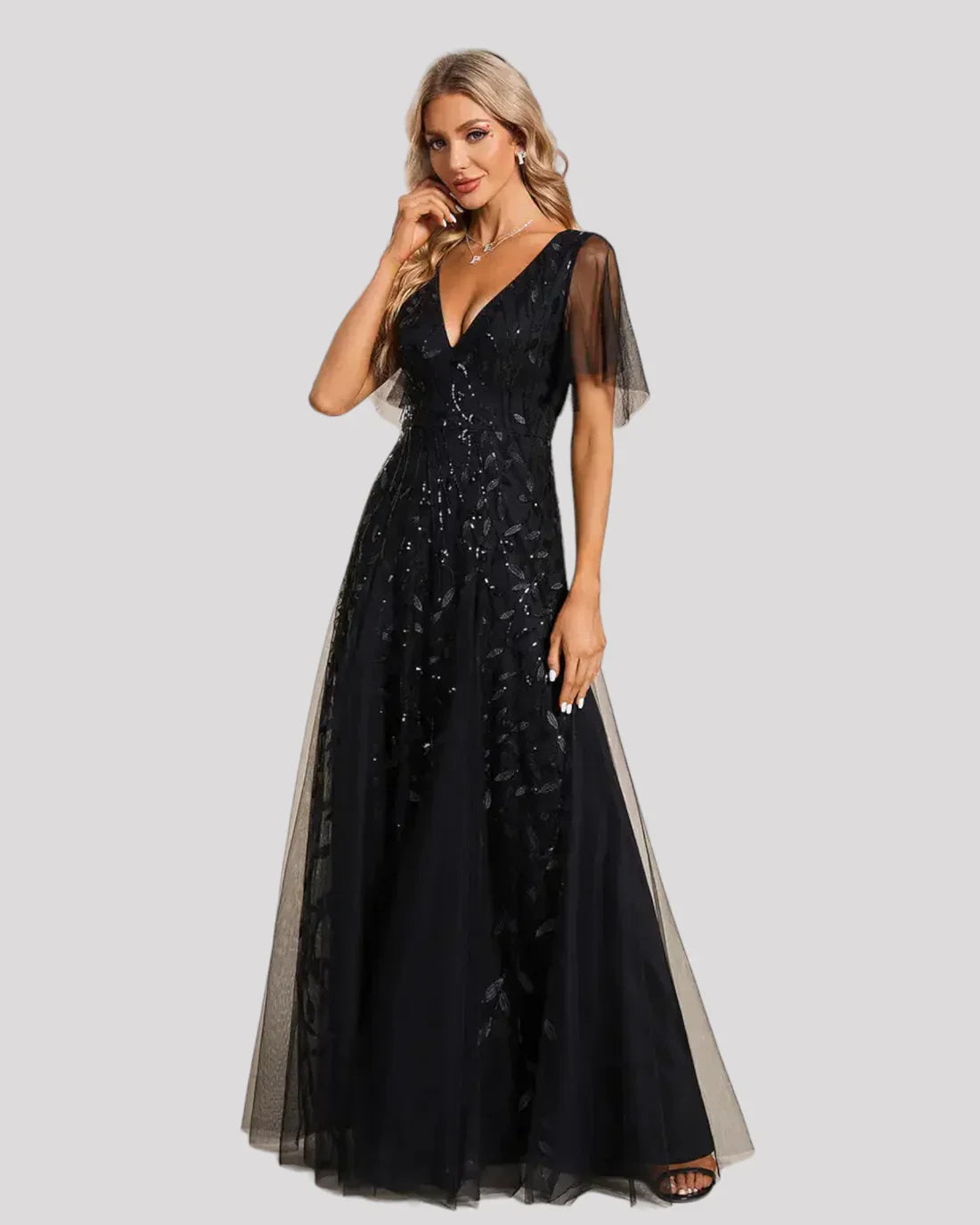Women's Sequin Leaf Maxi Dress – V Neck Flutter Sleeve Wedding Guest