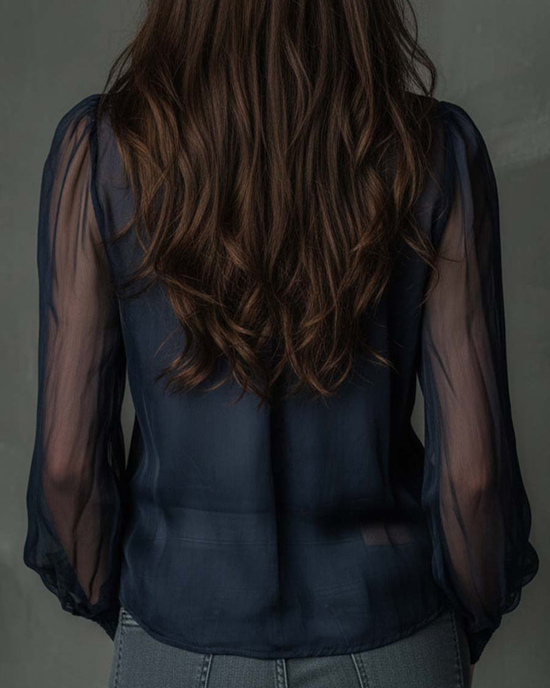 Women's Sheer V-Neck Blouse – Zip Front Long Sleeve Smocked Cuff Evening