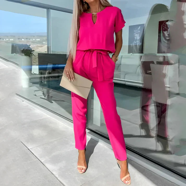 Women's Short Sleeve Belted Jumpsuit – Keyhole Neck Tapered Leg Smart Casual