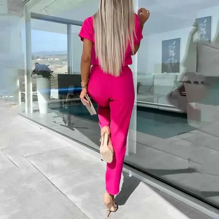 Women's Short Sleeve Belted Jumpsuit – Keyhole Neck Tapered Leg Smart Casual