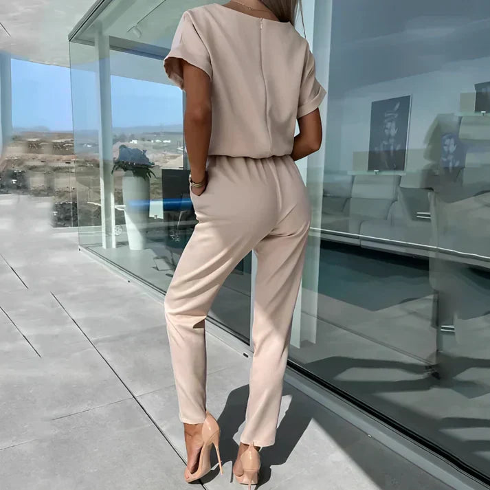 Women's Short Sleeve Belted Jumpsuit – Keyhole Neck Tapered Leg Smart Casual