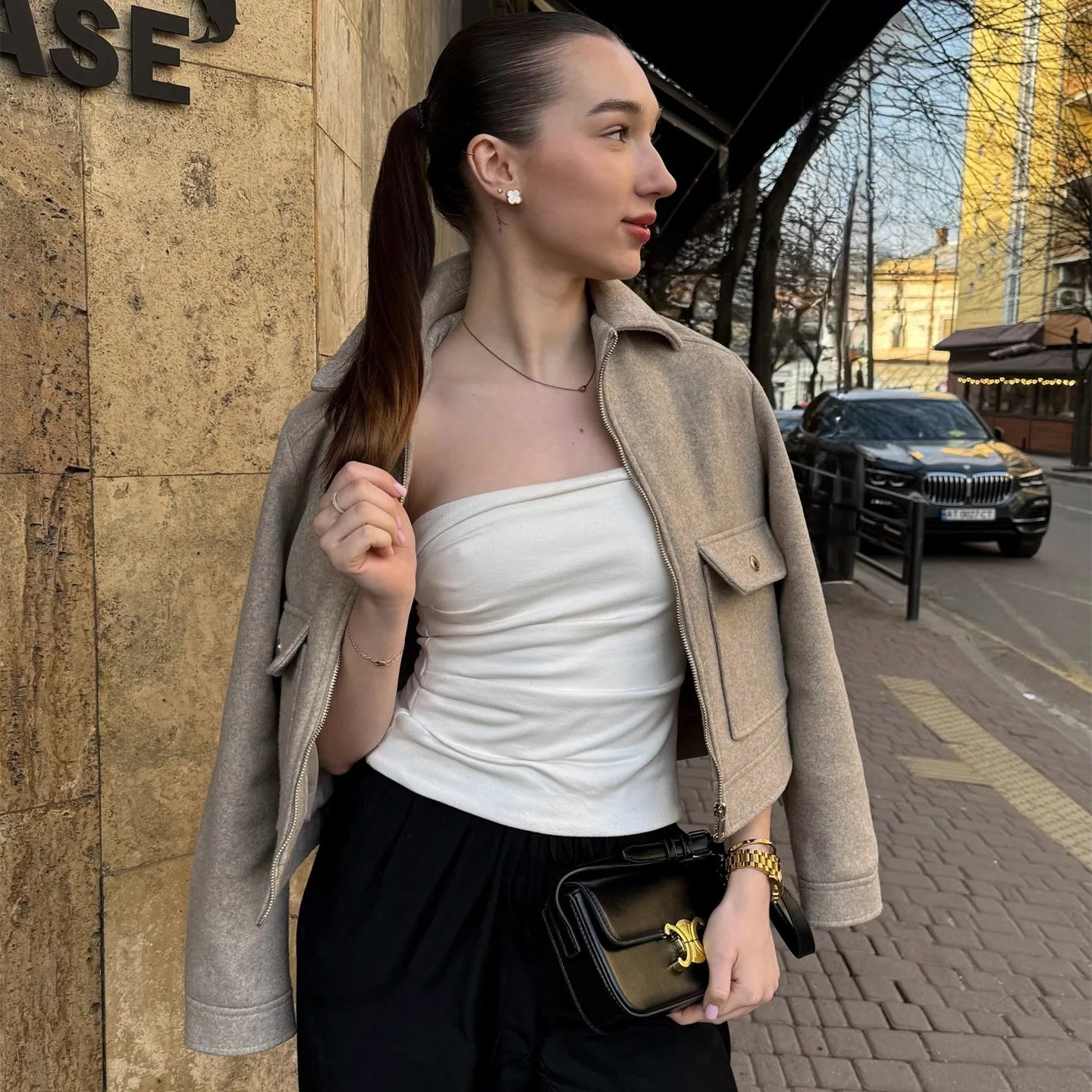 Women's Cropped Zip Front Bomber Jacket – Spread Collar Flap Pockets