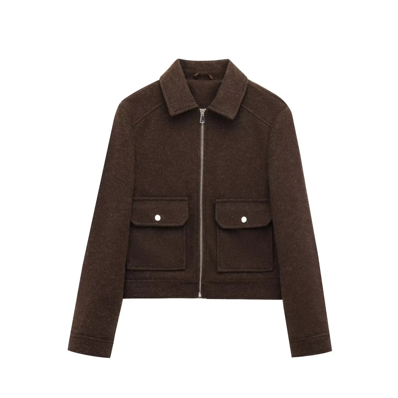 Women's Cropped Zip Front Bomber Jacket – Spread Collar Flap Pockets