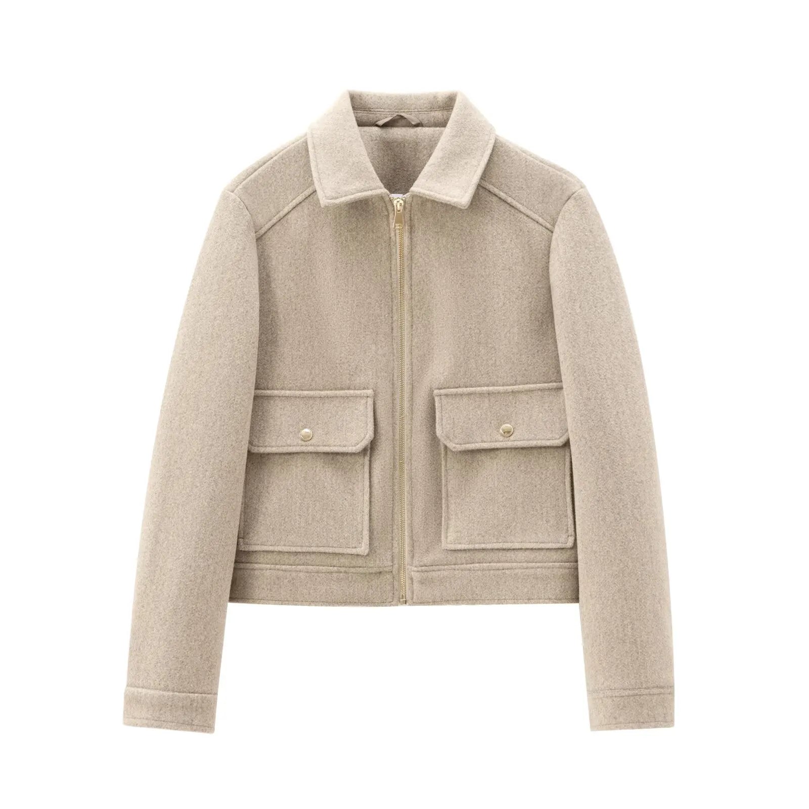 Women's Cropped Zip Front Bomber Jacket – Spread Collar Flap Pockets